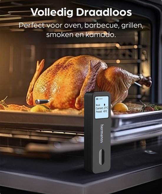 Hermanos® Vleesthermometer - Draadloze BBQ Thermometer met App - Overthermometer - Kernthermometer - 1 Sonde - met Bluetooth - RVS - HMNWT04 - Hermanos