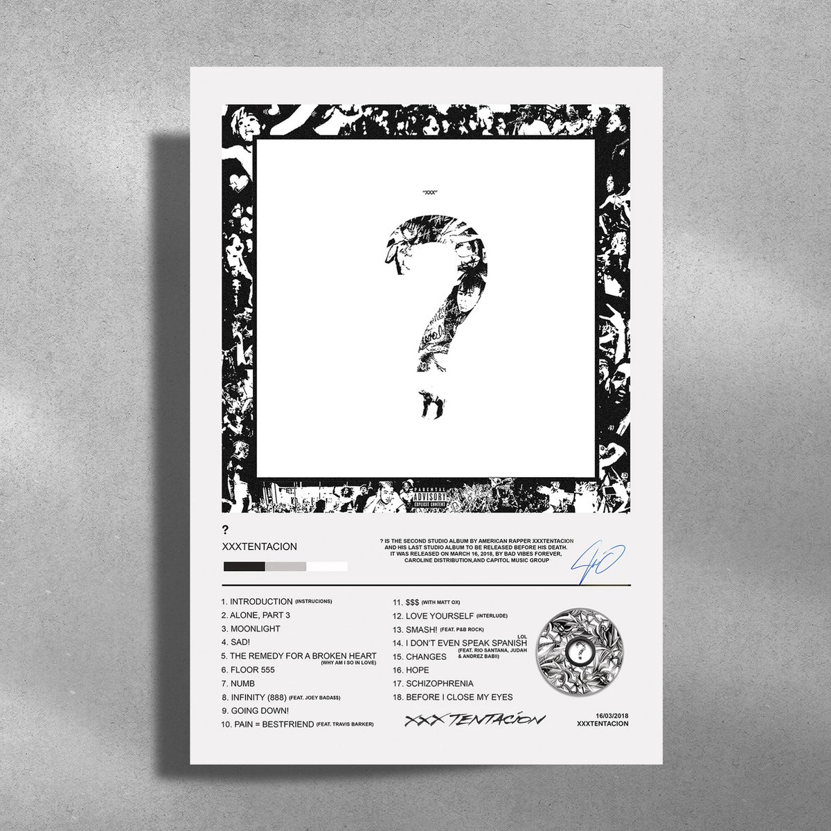 XXXTENTACION - ? - album cover - metalen poster - 30x40cm - 