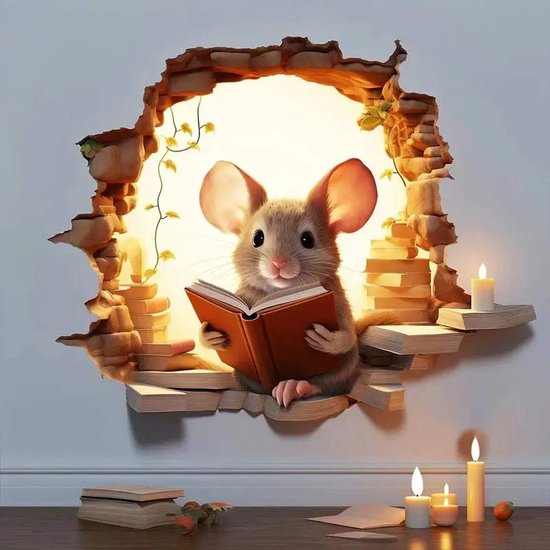 Houten muursticker - Muis met eendje en bloem – Koosje decoraties