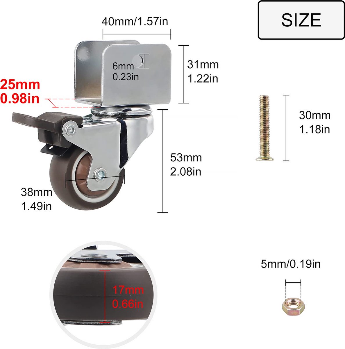 4 pièces roulettes pour meubles de type U, diamètre 38 mm