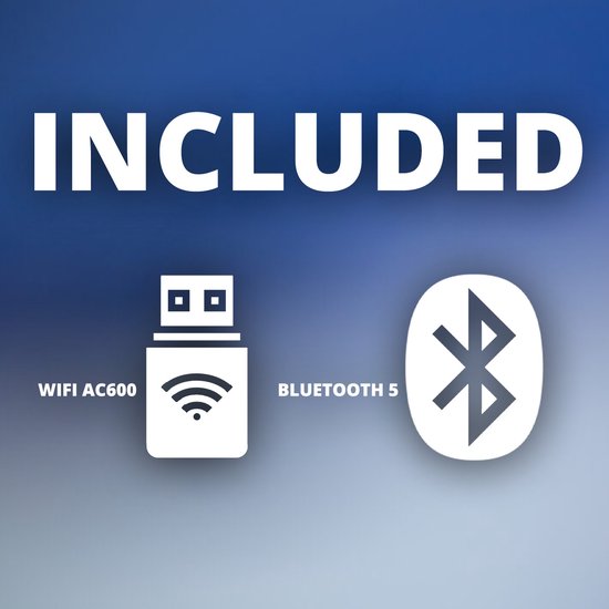 Illustratie van de inbegrepen WiFi AC600 USB-stick en Bluetooth 5-icoon.