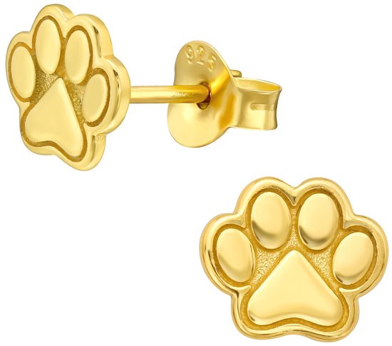 Joy|S - Zilveren kat hond dierenpoot oorbellen - 7.5 x 6.5 mm - 14k goudplating - poot afdruk oorknoppen