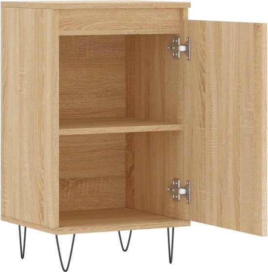 Dressoir met eikenprint, open deur met twee planken, zwarte hairpin poten.