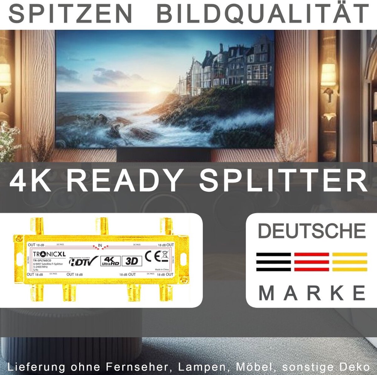 TronicXL 6-voudige verdeler, premium tv-kabeladapter, antenneverdeler, kabeltelevisie, DVBC, geschikt voor unity-media splitter Unicable 6-voudig HD, 4K HDTV DC-doorlaat, FM-radio, Sat