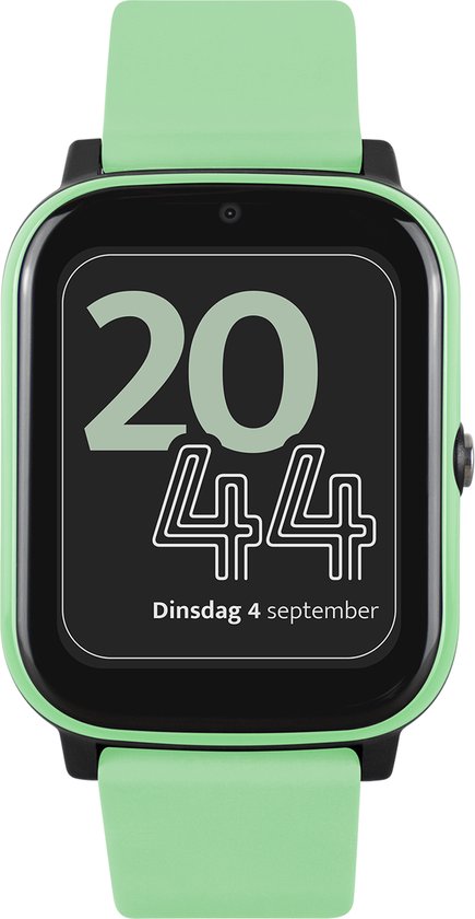 Lichtgroene smartwatch met zwart display. Toont 20:44 en dinsdag 4 september.