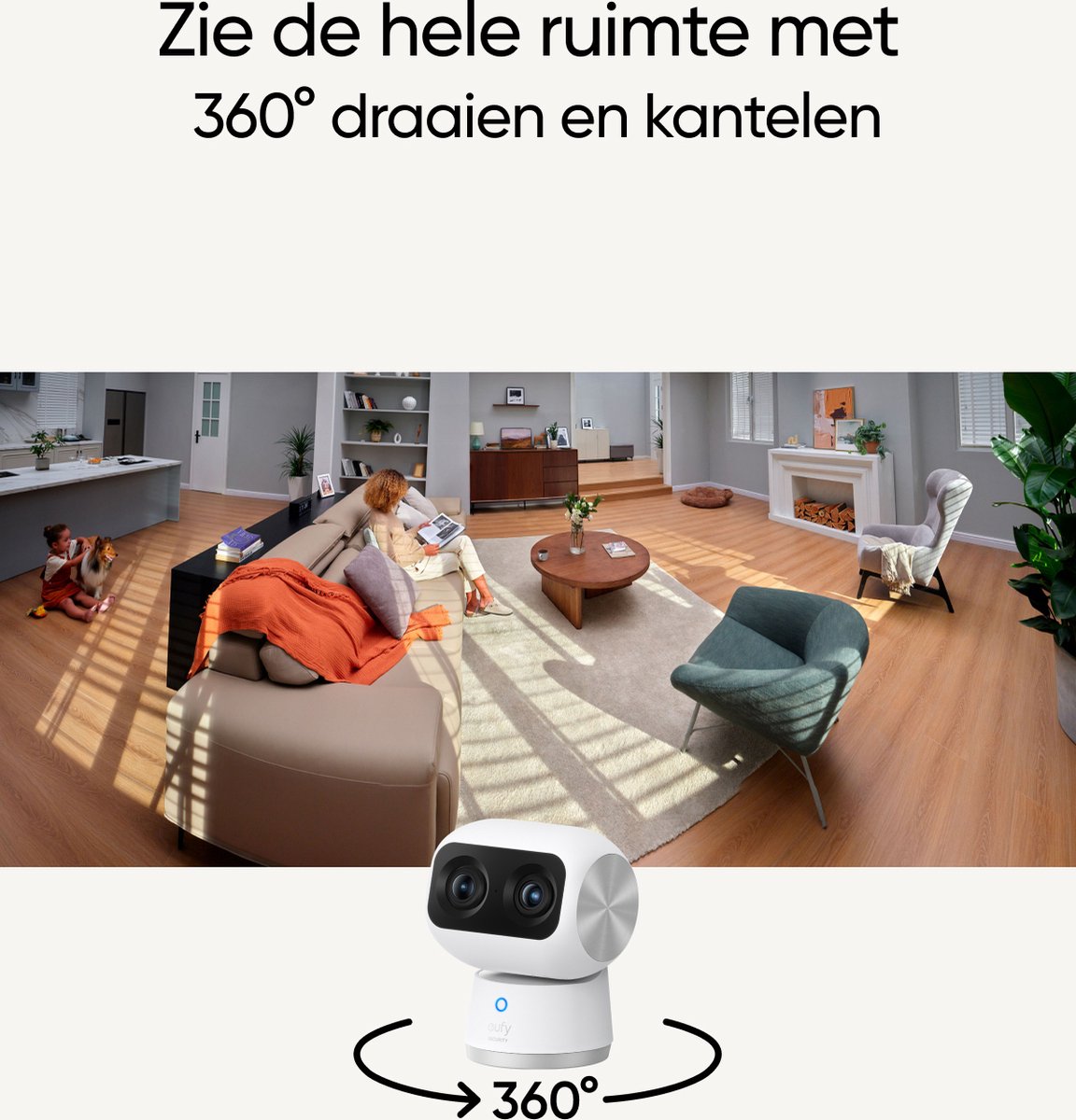 Afbeelding 3 van eufy Security S350 Binnencamera – Indoorcam - Huisdiercamera met app - Petcam, 4K UHD-resolutie, Dual-Cam met 8× hybride zoom, 360° pan en tilt, AI-tracking, compatibel met Alexa en Google Assistant