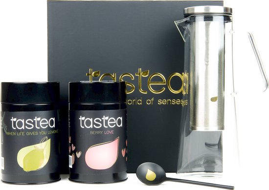 tastea Happiness Box - Citroen- en aardbeienthee - 2 losse theeën - When Life Gives You Lemons, Berry Love, tastea Scoop & theekan - Thee waar je blij van wordt