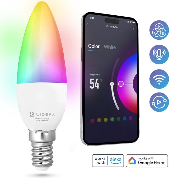 Lideka - LED Lamp E14 - RGBW - LED Lampen met App - Smart LED Verlichting - Dimbaar - Google en Alexa - 6W - 600 Lumen - 2700K - 6500K