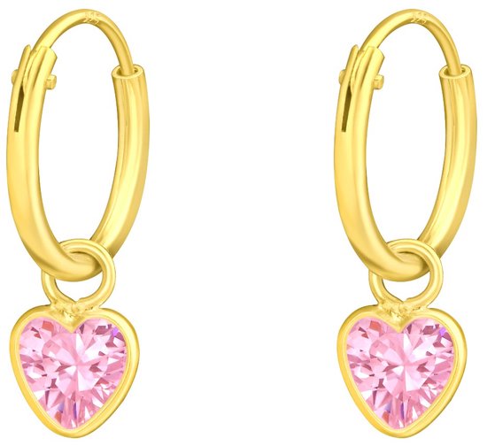 Joy|S - Zilveren hartje bedel oorbellen - oorringen - roze zirkonia - 14k goudplating