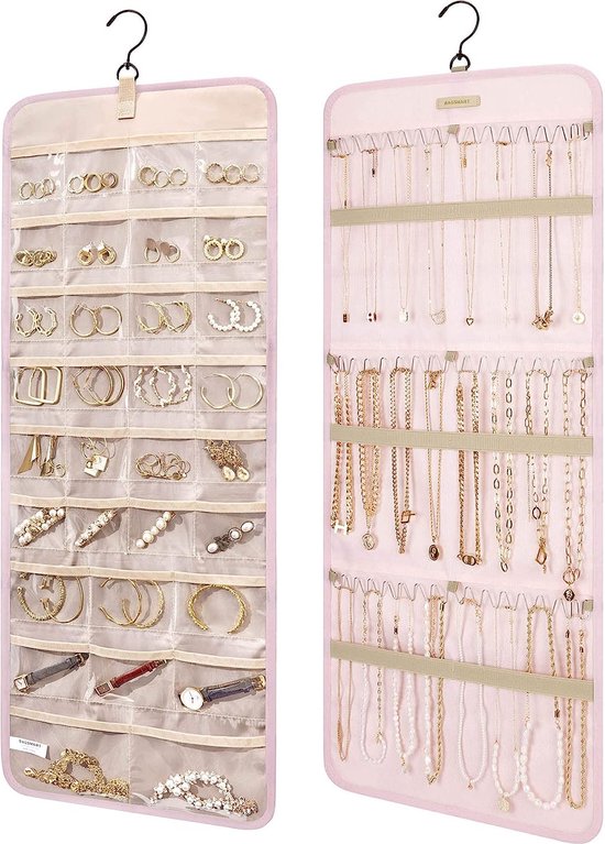 Sieradenorganizer om op te hangen, opbergrol met hanger, metalen haken, dubbelzijdige sieradenhouder voor oorbellen, halskettingen, ringen aan kast, muur, deur, 1 stuk, groot, roze, Uniek