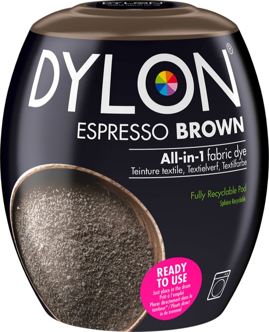 Dylon Espresso Brown all-in-1 textielverf. De pod toont een greintje donkerbruine verf. 'Fully Recyclable Pod' staat op de pod.