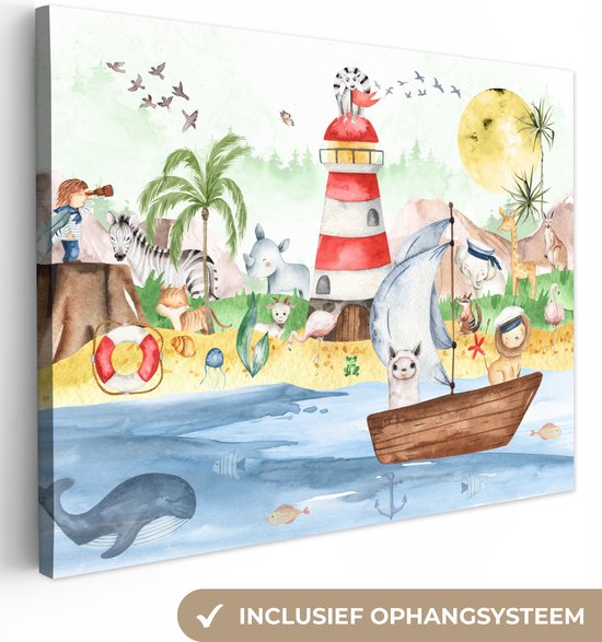 Canvas - Kinderkamer - Kind - Vuurtoren - Strand - Zee - Dieren - Boot - Canvas schilderij - Canvas doek - 120x90 cm