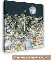 Canvas - Kinderen - Jungle - Dieren - Rivier - Bomen - Bergen - Canvas schilderij - Schilderijen woonkamer - 20x20 cm
