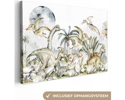 Canvas schilderij kinderen - Wanddecoratie kinderkamers - Jungle - Bladeren - Bomen - Maan - Steen - Canvas schilderij dino - Kinder decoratie - 60x40 cm