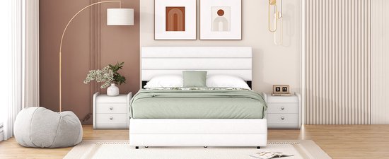 Merax Lit double 140 x 200 - Cadre de lit avec 2 tiroirs et lit gigogne supplémentaire 90 x 190 - Wit