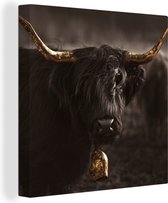 Schotse hooglander - Goud - Koeienbel - Canvas - 50x50 cm - Wanddecoratie