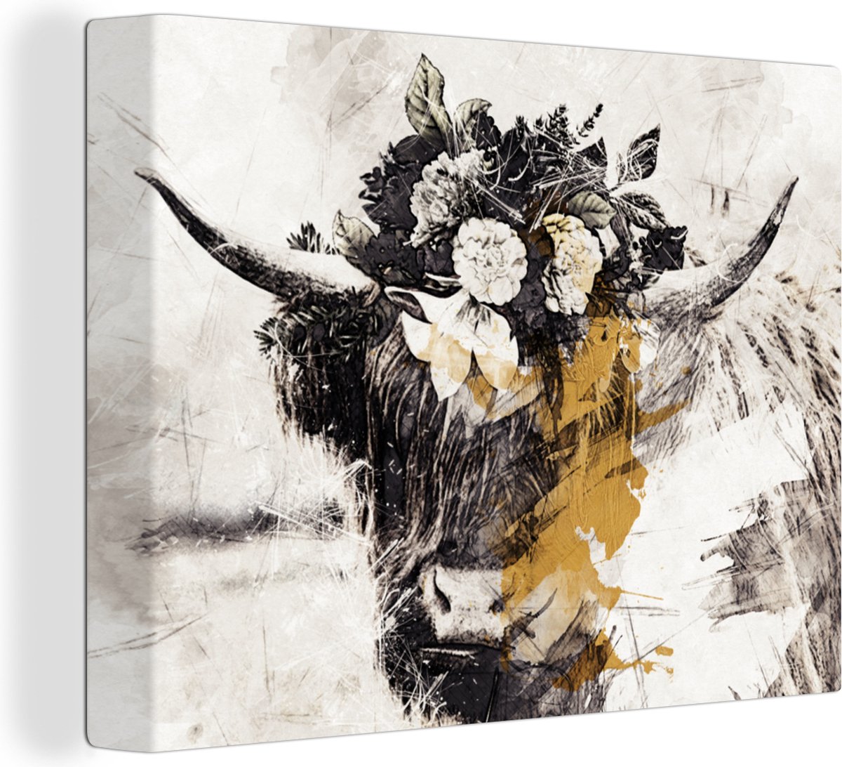 Wanddecoratie - Schotse hooglander - Verf - Black and gold - Canvas Schilderij - 120x90 cm