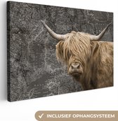 Canvas Wereldkaart - 90x60 - Wanddecoratie Schotse hooglander - Wereldkaart - Koe