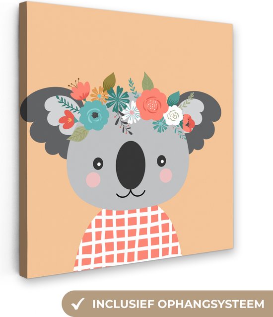 Canvas Schilderij Koala - Bloemen - Kroon - Wanddecoratie