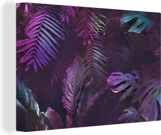 Canvas Schilderij Jungle - Bladeren - Paars - Groen - Jongens - Meisjes - Kinderen - 90x60 cm - Wanddecoratie