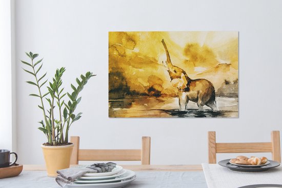 Tableau Toile Éléphant - Aquarelle - Water - 90x60 cm - Décoration murale