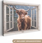 Canvas - Doorkijk - Schotse hooglander - Koe - Hoorn - Landschap - 90x60 cm - Kamer decoratie - Schilderijen op canvas - Canvas doek