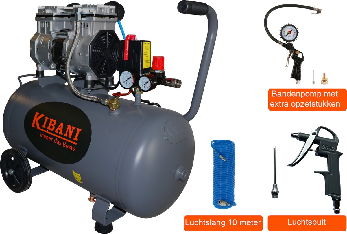 Kibani Super stille compressor 50 liter + luchtslang + bandenpomp - SET - Low Noise - Compressoren - 50L