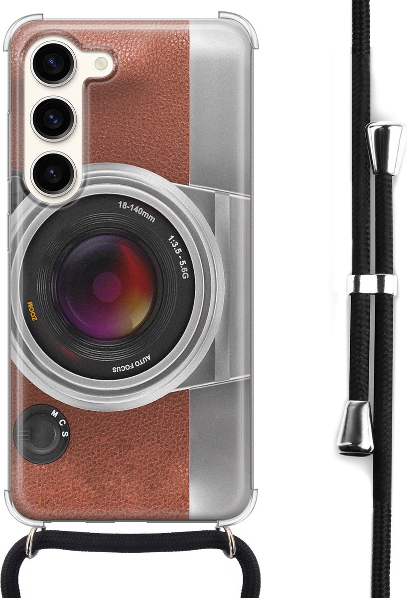 Hoesje met koord - Geschikt voor Samsung Galaxy S23 - Vintage camera - Verstelbaar zwart koord - Crossbody - Print / Illustratie - Bruin, Transparant - Leuke Telefoonhoesjes