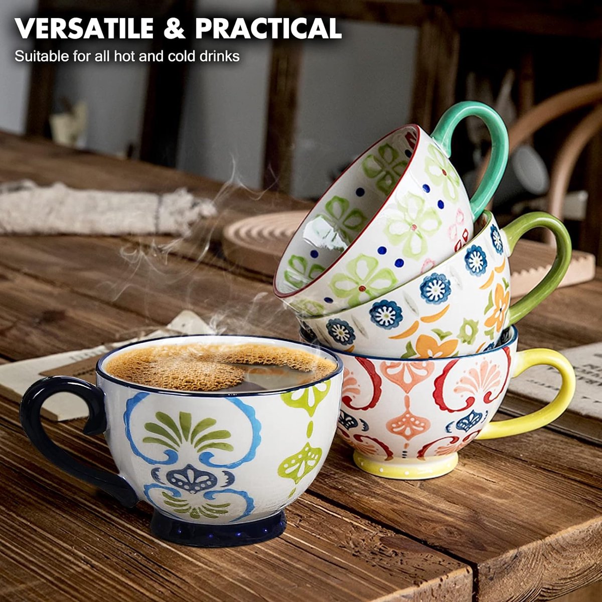 Tasses en céramique à motif floral peintes à la main 15 OZ, grandes tasses  pour le lait, le café, le cappuccino, le thé, le cacao, les tasses de  petit-déjeuner à l'avoine(Fleurs colorées) 