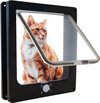 Zwart kattenluik met een oranje kat met witte borst en kraag, zittend in de opening.