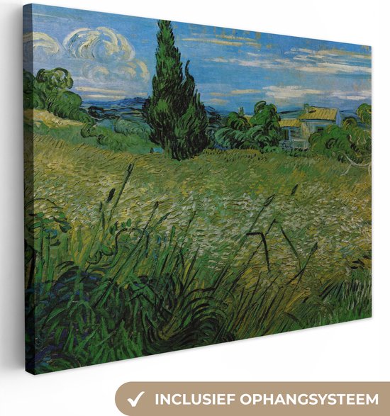 Canvas Schilderij Groen korenveld met cipressen - Vincent van Gogh - 40x30 cm - Wanddecoratie