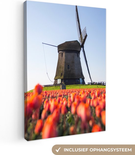 Canvas Schilderij Een molen met tulpen - 60x90 cm - Wanddecoratie