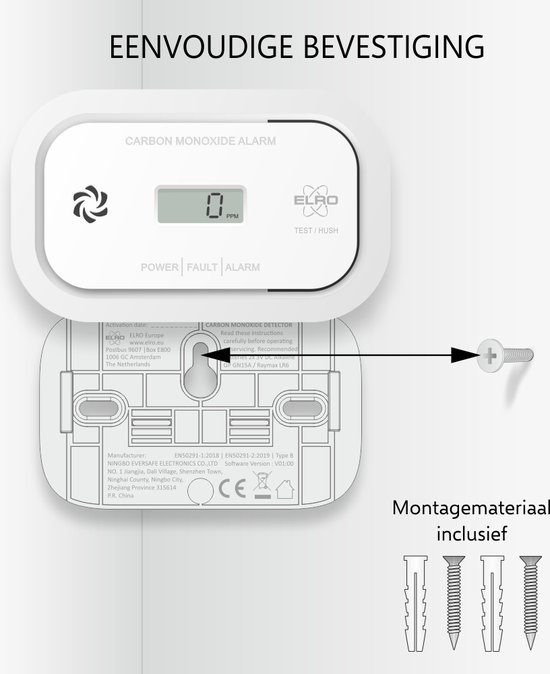 Illustratie van de montage van de koolmonoxidemelder met schroef en pluggen, met de tekst "Montagemateriaal inclusief".