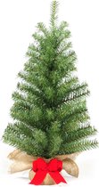 Forest Table Tree kunst (tafel)kerstboom - 60 cm - groen - Ø 35 cm - 82 tips - met rode strik - jute zak