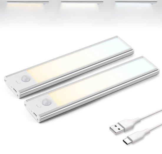 Brendz LED Kastverlichting met bewegingssensor, 2 x 20 cm, USB-C Oplaadbaar, Dimbaar, Magnetisch, 3 Kleurtemperaturen, Draadloos, Keukenverlichting Led, Kastverlichting op Batterij, Zilver
