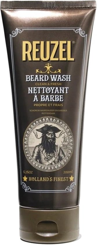 Tube brun de Reuzel Beard Wash avec une illustration de pirate et le texte 'Reuzel Beard Wash Clean & Fresh' et 'Holland's Finest'.