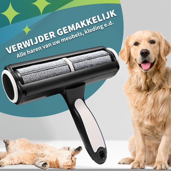 Rouleau anti-peluche noir avec un chat endormi et un Golden Retriever assis, texte 'Enlève Facilement'.