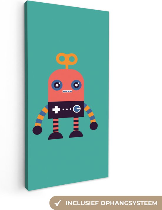 Canvas schilderij kinderen - Wanddecoratie kinderkamers - Robot - Speelgoed - Groen - 20x40 cm - Canvas doek kids - Muurdecoratie