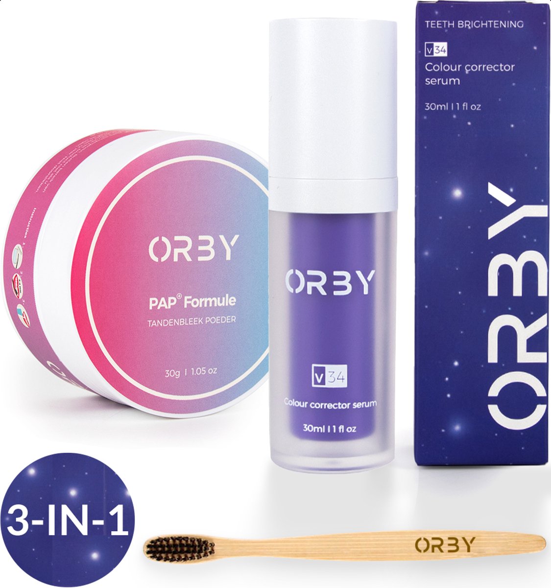 Orby® V34 Colour Corrector Tandpasta (Inclusief PAP+ Poeder & Bamboe Tandenborstel) - Tandenbleekset - Tanden bleken - Witte Tanden
