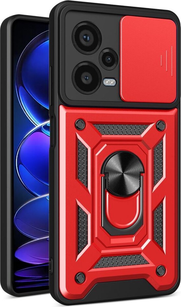Geschikt voor Xiaomi Redmi Note 12 Pro Plus Hoesje met Camera Slider en Kickstand Ring - Rood