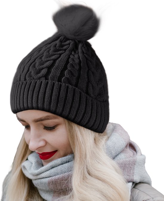 CALIYO Beanie Muts - Wintermuts Dames - Warme Mutsen met Imitatiebont Pompon - Gebreide Skimutsen - Gevoerd Wol - Zwart