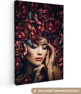 OneMillionCanvasses - Canvas - Vrouw - Henna - Bloemen - Sierraden - Roze - Schilderijen op canvas - 60x90 cm - Muurdecoratie - Schilderij