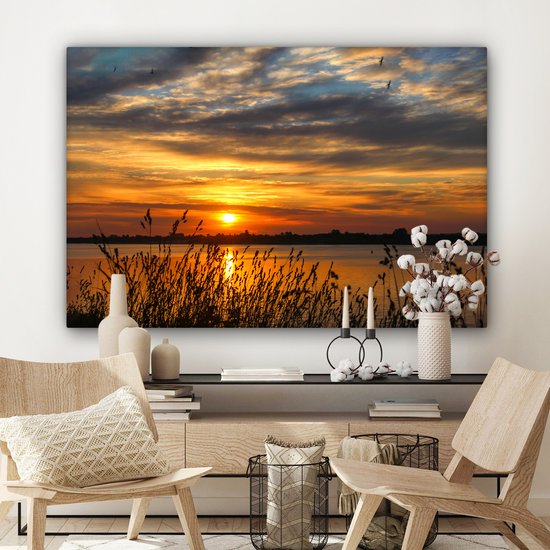 Toile - Peinture - Paysage - Mer - Coucher de soleil - Plantes - Tableau sur toile - Toile - 120x80 cm - Décoration murale de chambre