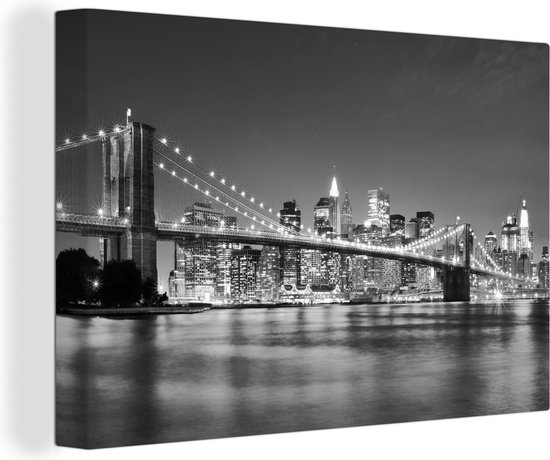 Canvas schilderij - Brooklyn - Brug - New York - Kamerdecoratie - Water - Zwart - Wit - 120x80 cm - Canvas doek - Canvas s