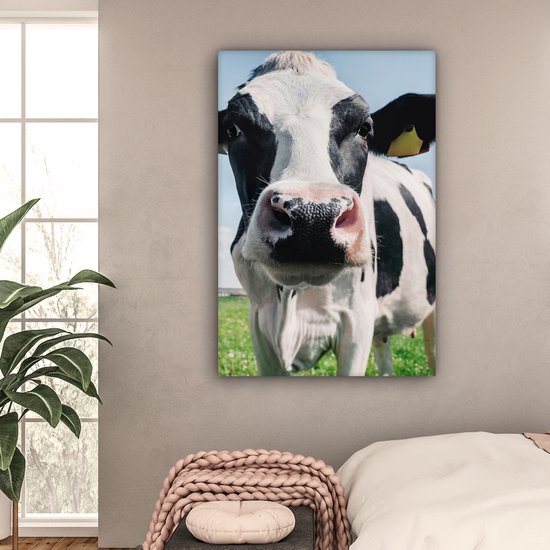 Toile - Vache - Zwart et blanc - Gros plan - Nature - Animal - Peinture sur toile vache - Décoration murale - 90x140 cm
