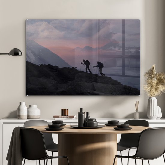 MuchoWow® Peinture sur verre 90x60 cm - Peinture sur verre acrylique - Deux alpinistes escaladent une montagne au lever du soleil - Photo sur verre - Peintures
