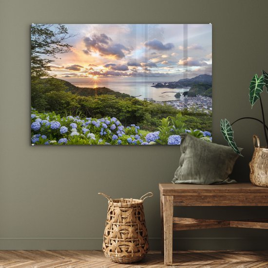 Peinture sur Verre - Coucher de Soleil avec Hortensia - 120x80 cm - Peintures sur Verre Peintures - Photo sur Glas