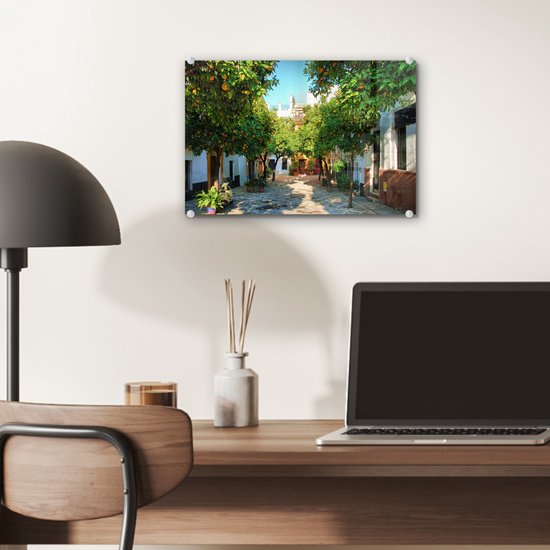 ® Glasschilderij 30x20 cm - Schilderij acrylglas - Sevilla - Boom - Wit - Foto op glas - Muurdecoratie woonkamer - Wanddecoratie slaapkamer - Schilderijen