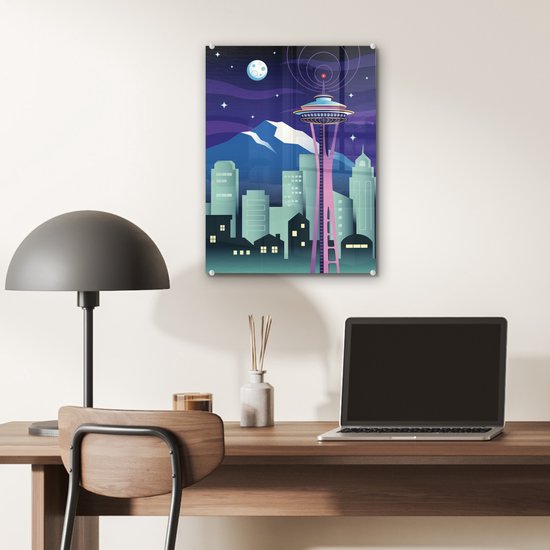 ® Glasschilderij 30x40 cm - Schilderij acrylglas - Illustratie van de Space Needle in de nacht - Foto op glas - Muurdecoratie woonkamer - Wanddecoratie slaapkamer - Schilderijen