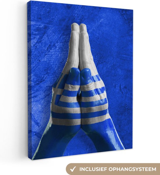 Canvas Schilderij Twee handen vormen de vlag van Griekenland - 30x40 cm - Wanddecoratie